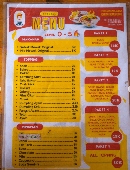 Daftar Harga Menu Seblak Mewek Terbaru